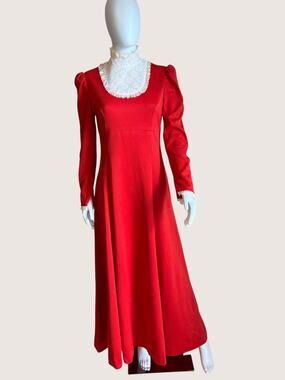 Vintage 1970s Red Long Sleeve Prairie Maxi Dress - M/L